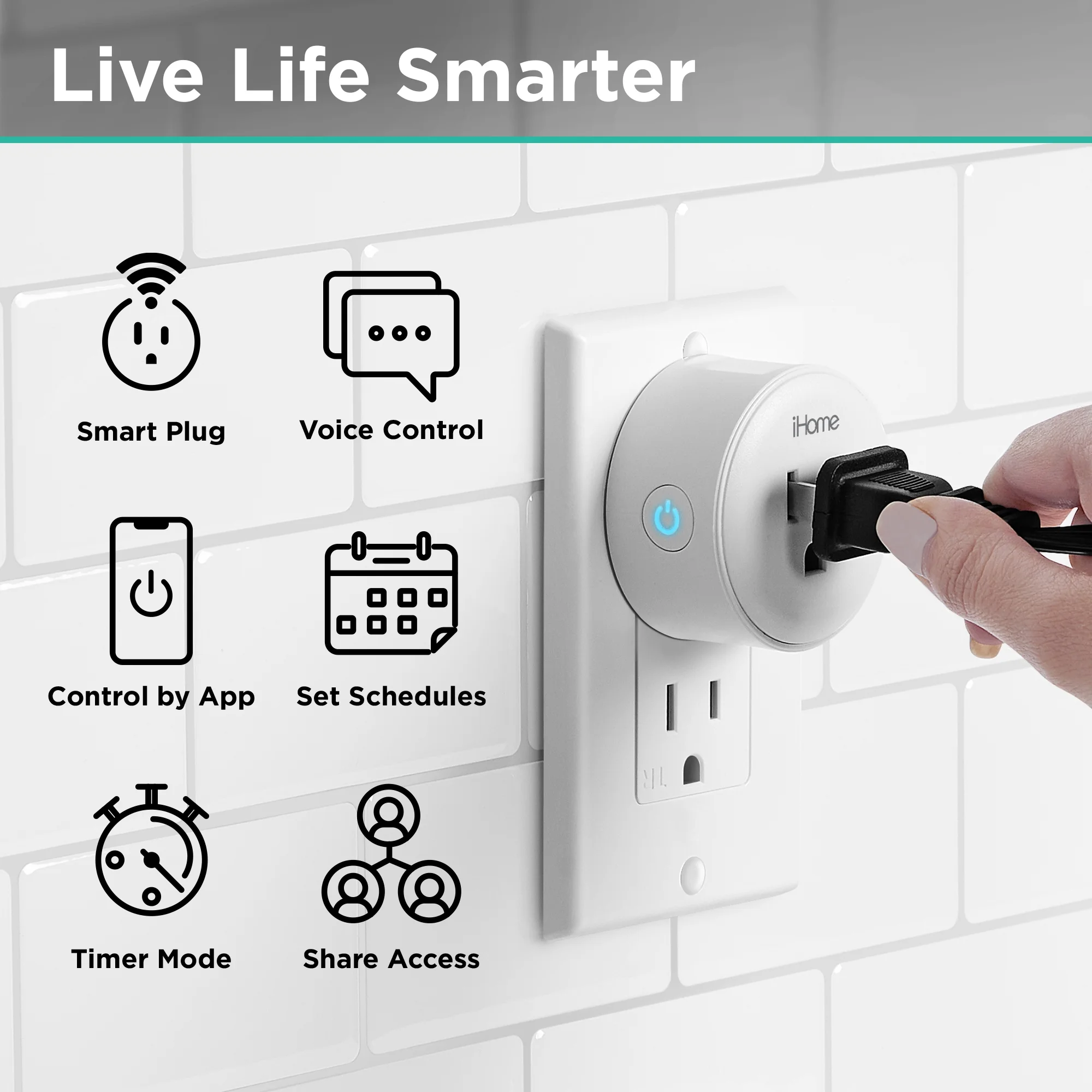 Conector Electrico iHome Smart Plug , Salida Wi-Fi de 15A, Funciona con Alexa & Google Home, Control de Aplicaciones, Temporizador, Paquete de 2 - Imagen 3