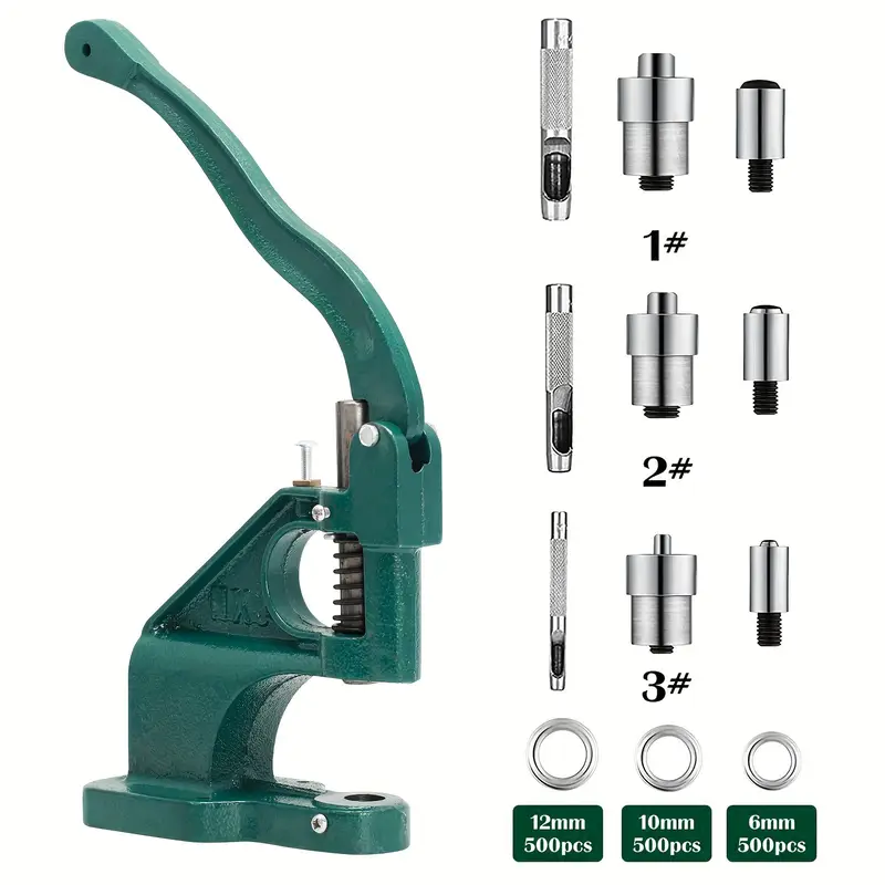 Máquina de Anillos de Ojales Prensados a Mano, con 3 Moldes y 1500 Ojales de 6/10/12mm, Máquina de Anillos de Ojales Prensados a Mano, Kit de Herramientas de Artesanía de Ojales Dorados de Alta Resistencia - Imagen 2