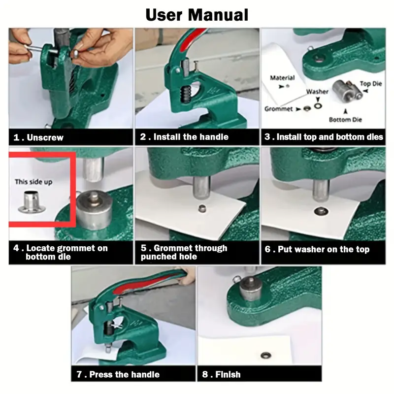 Máquina de Anillos de Ojales Prensados a Mano, con 3 Moldes y 1500 Ojales de 6/10/12mm, Máquina de Anillos de Ojales Prensados a Mano, Kit de Herramientas de Artesanía de Ojales Dorados de Alta Resistencia - Imagen 3