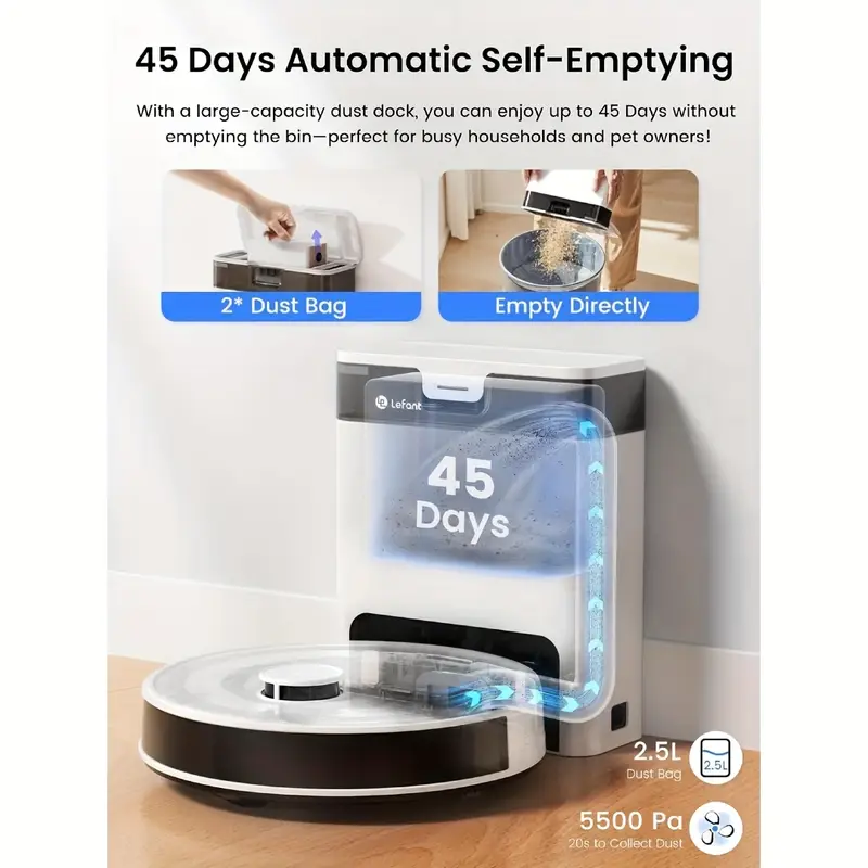 Robot Aspirador y Limpia con LiDAR, 45 días de auto-vacío, evitación de obstáculos de 190° PSD, limpieza personalizada, - Imagen 4